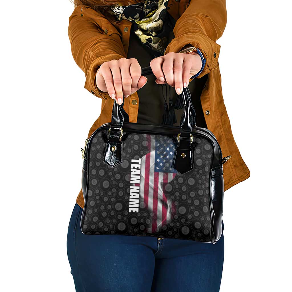 American Flag Bowling Ball and Pins Graphic Shoulder Handbag with Black Patterned Background and Custom Team Name Design TS04