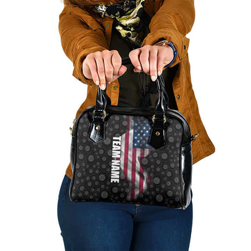 American Flag Bowling Ball and Pins Graphic Shoulder Handbag with Black Patterned Background and Custom Team Name Design TS04
