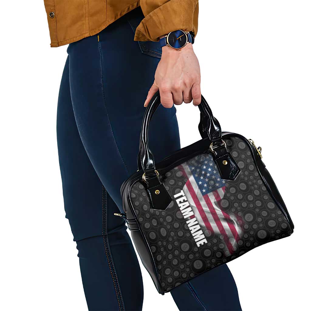 American Flag Bowling Ball and Pins Graphic Shoulder Handbag with Black Patterned Background and Custom Team Name Design TS04