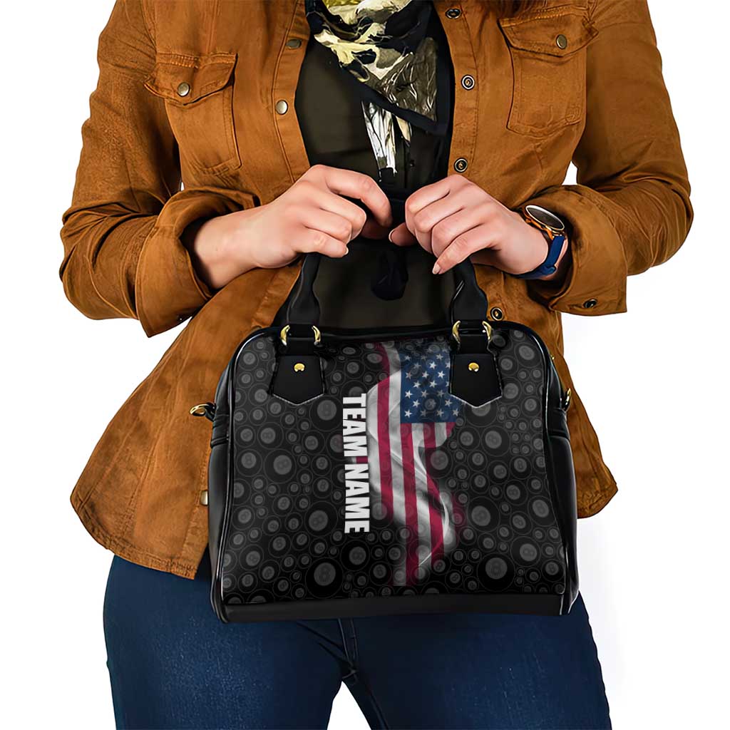 American Flag Bowling Ball and Pins Graphic Shoulder Handbag with Black Patterned Background and Custom Team Name Design TS04