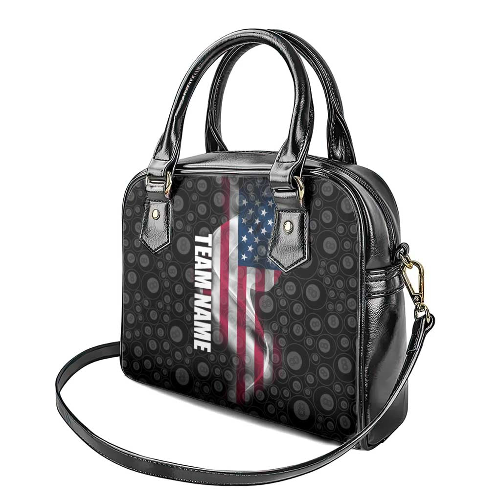 American Flag Bowling Ball and Pins Graphic Shoulder Handbag with Black Patterned Background and Custom Team Name Design TS04