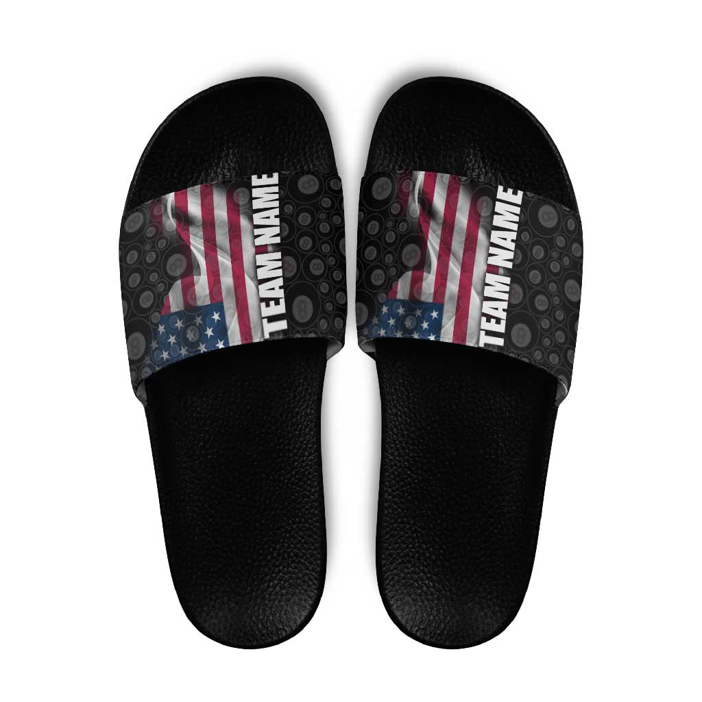 American Flag Bowling Ball and Pins Graphic Slide Sandals with Black Patterned Background and Custom Team Name Design TS04