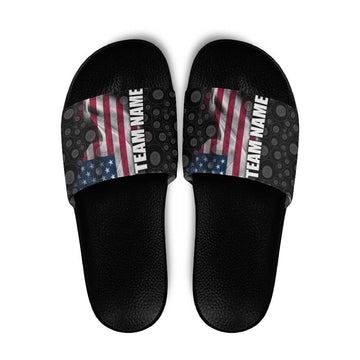 American Flag Bowling Ball and Pins Graphic Slide Sandals with Black Patterned Background and Custom Team Name Design TS04