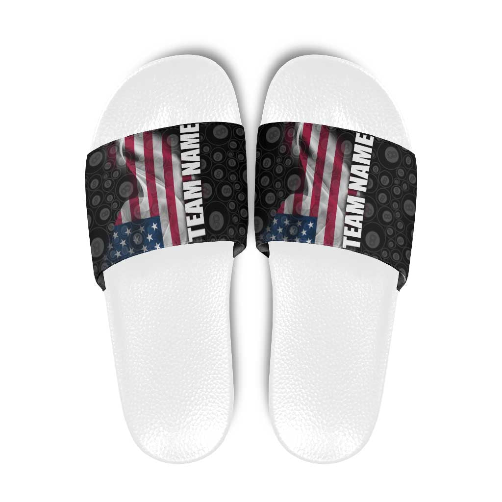American Flag Bowling Ball and Pins Graphic Slide Sandals with Black Patterned Background and Custom Team Name Design TS04