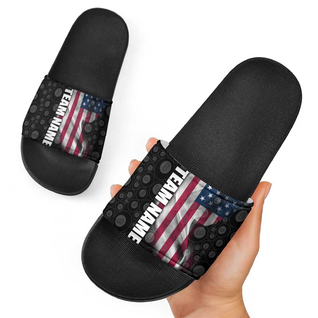 American Flag Bowling Ball and Pins Graphic Slide Sandals with Black Patterned Background and Custom Team Name Design TS04