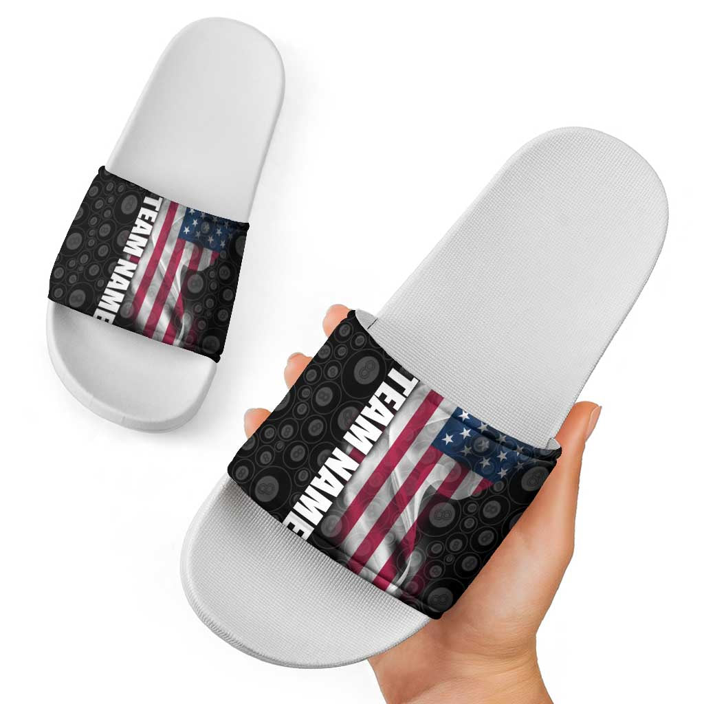 American Flag Bowling Ball and Pins Graphic Slide Sandals with Black Patterned Background and Custom Team Name Design TS04