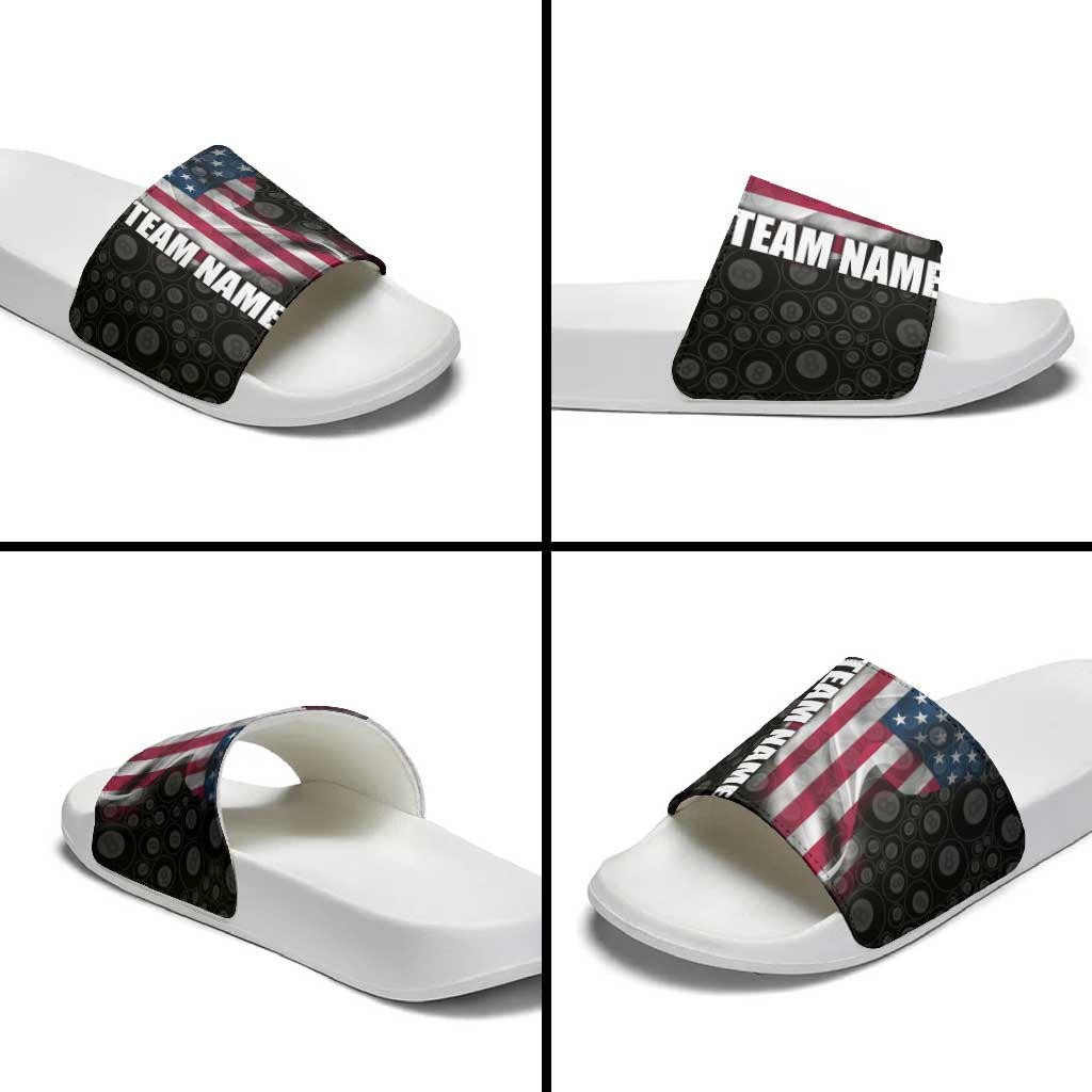 American Flag Bowling Ball and Pins Graphic Slide Sandals with Black Patterned Background and Custom Team Name Design TS04