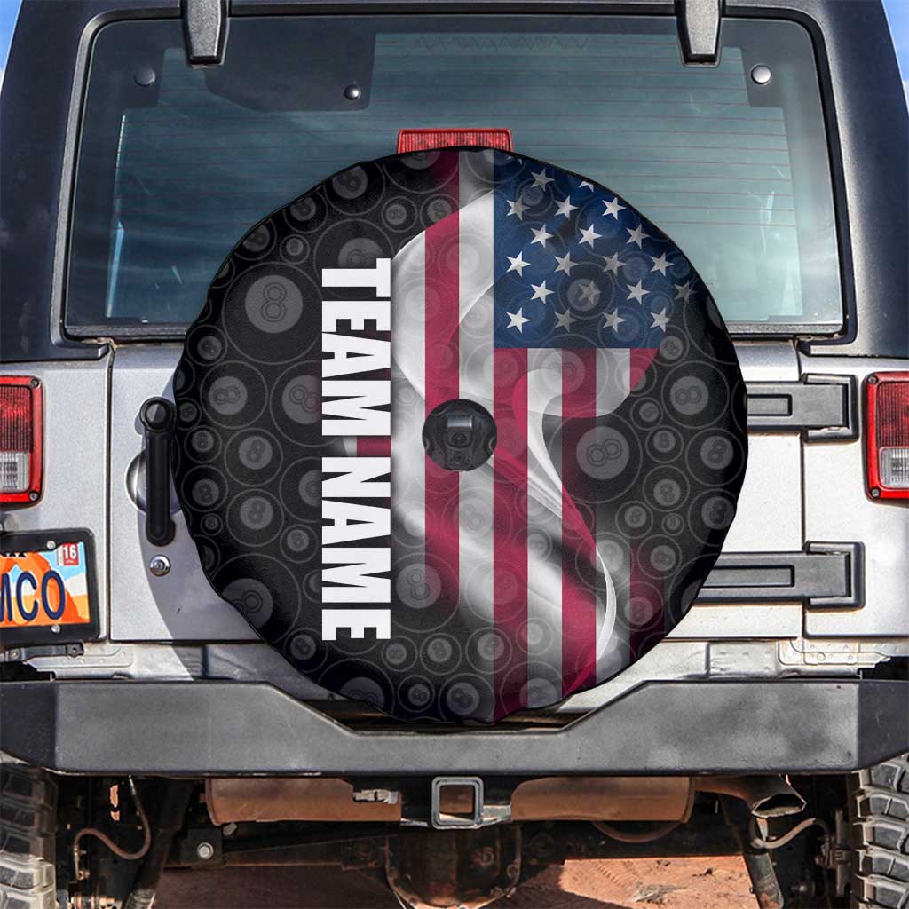 American Flag Bowling Ball and Pins Graphic Spare Tire Cover with Black Patterned Background and Custom Team Name Design TS04