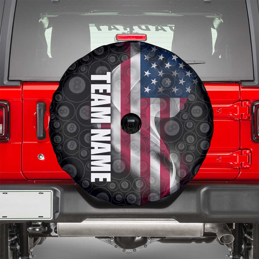 American Flag Bowling Ball and Pins Graphic Spare Tire Cover with Black Patterned Background and Custom Team Name Design TS04