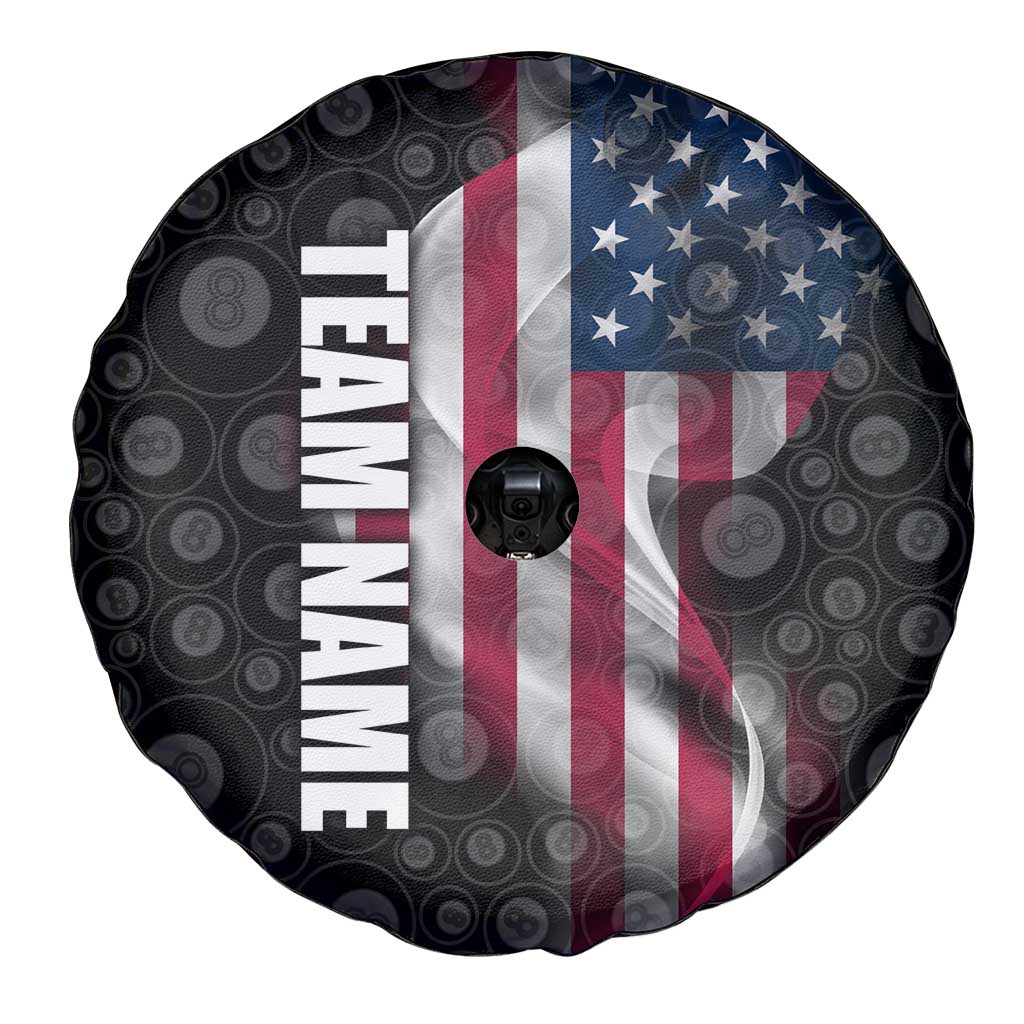 American Flag Bowling Ball and Pins Graphic Spare Tire Cover with Black Patterned Background and Custom Team Name Design TS04