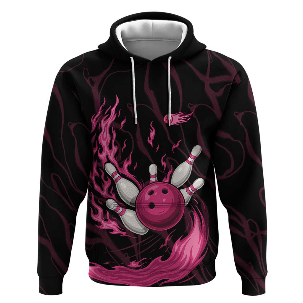 Pink Flaming Bowling Ball and Pins Hoodie with Lightning Effect Graphic Design TS04