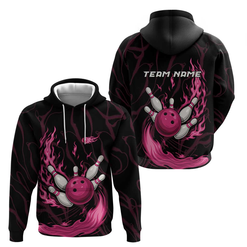 Pink Flaming Bowling Ball and Pins Hoodie with Lightning Effect Graphic Design TS04