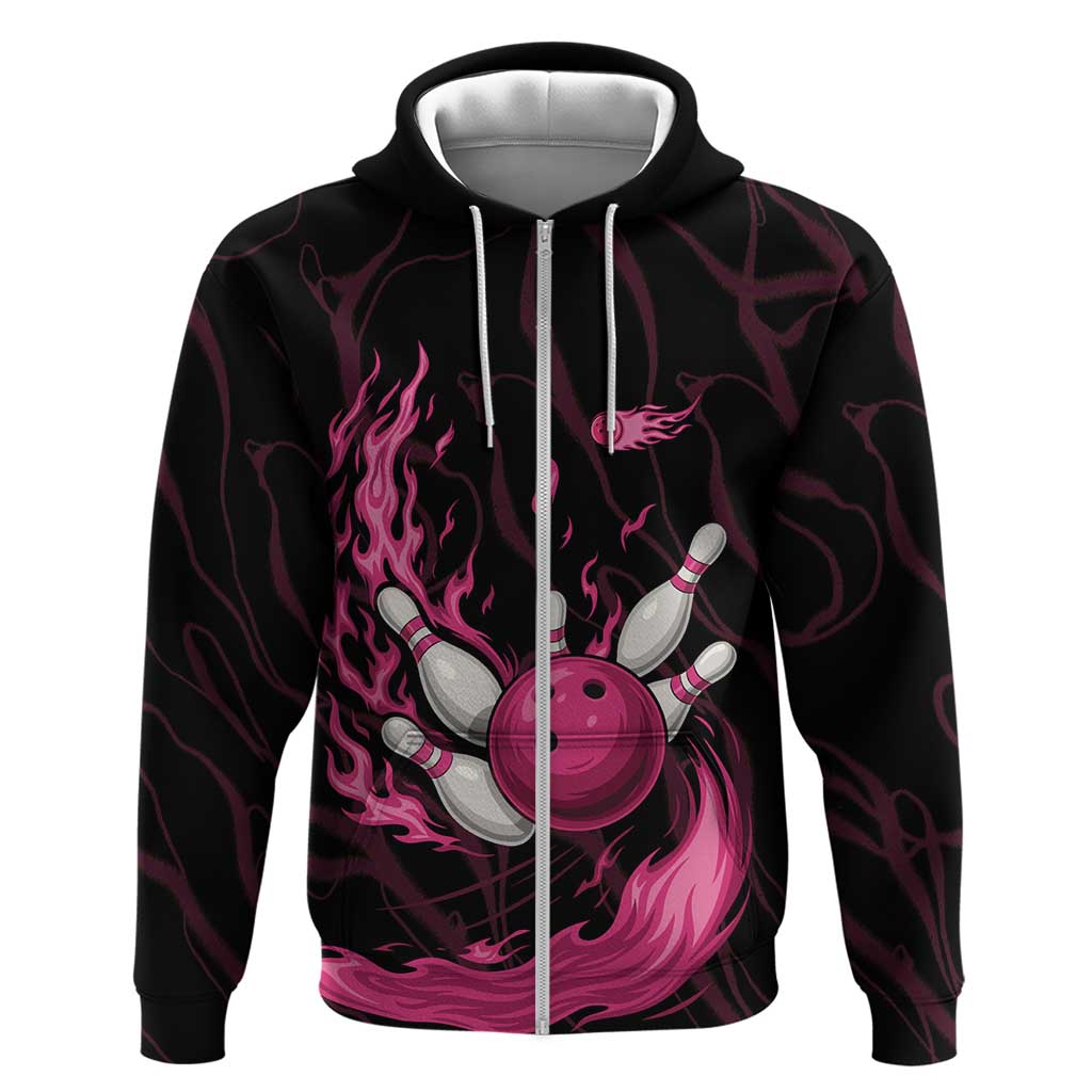 Pink Flaming Bowling Ball and Pins Hoodie with Lightning Effect Graphic Design TS04