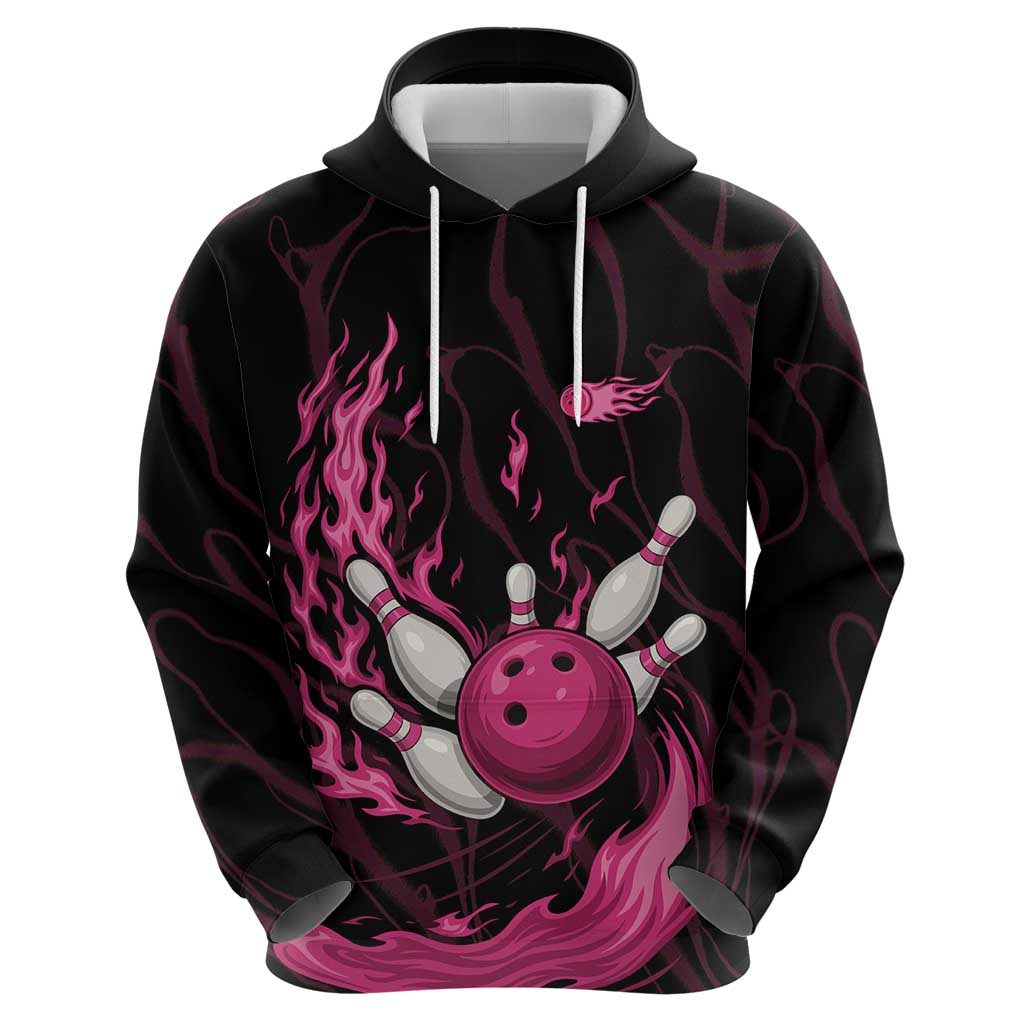 Pink Flaming Bowling Ball and Pins Hoodie with Lightning Effect Graphic Design TS04