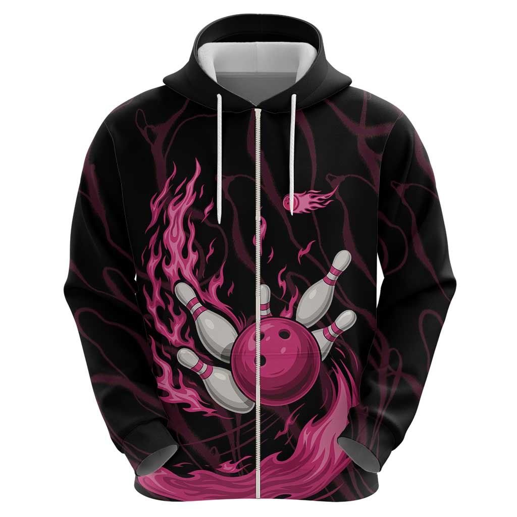 Pink Flaming Bowling Ball and Pins Hoodie with Lightning Effect Graphic Design TS04