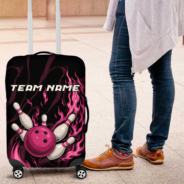 Pink Flaming Bowling Ball and Pins Luggage Cover with Lightning Effect Graphic Design TS04