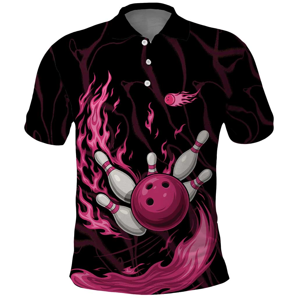 Pink Flaming Bowling Ball and Pins Polo Shirt with Lightning Effect Graphic Design TS04