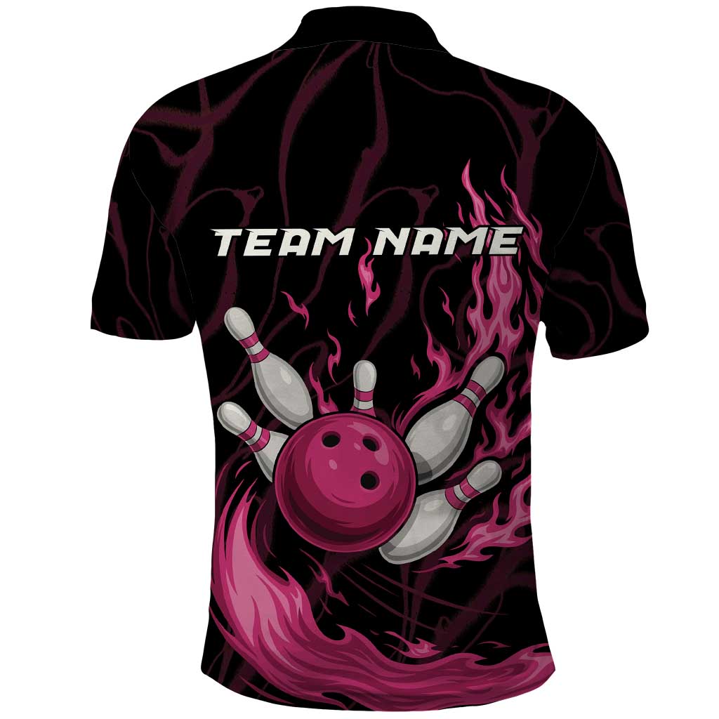 Pink Flaming Bowling Ball and Pins Polo Shirt with Lightning Effect Graphic Design TS04