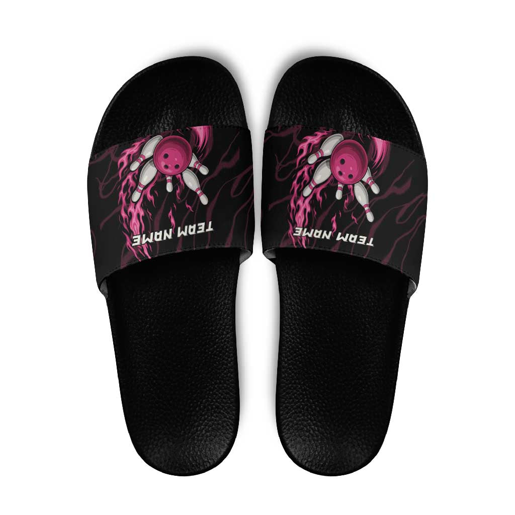 Pink Flaming Bowling Ball and Pins Slide Sandals with Lightning Effect Graphic Design TS04