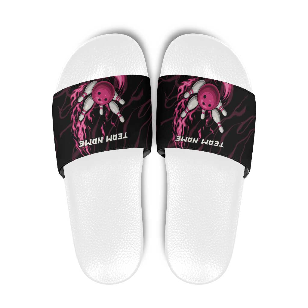 Pink Flaming Bowling Ball and Pins Slide Sandals with Lightning Effect Graphic Design TS04