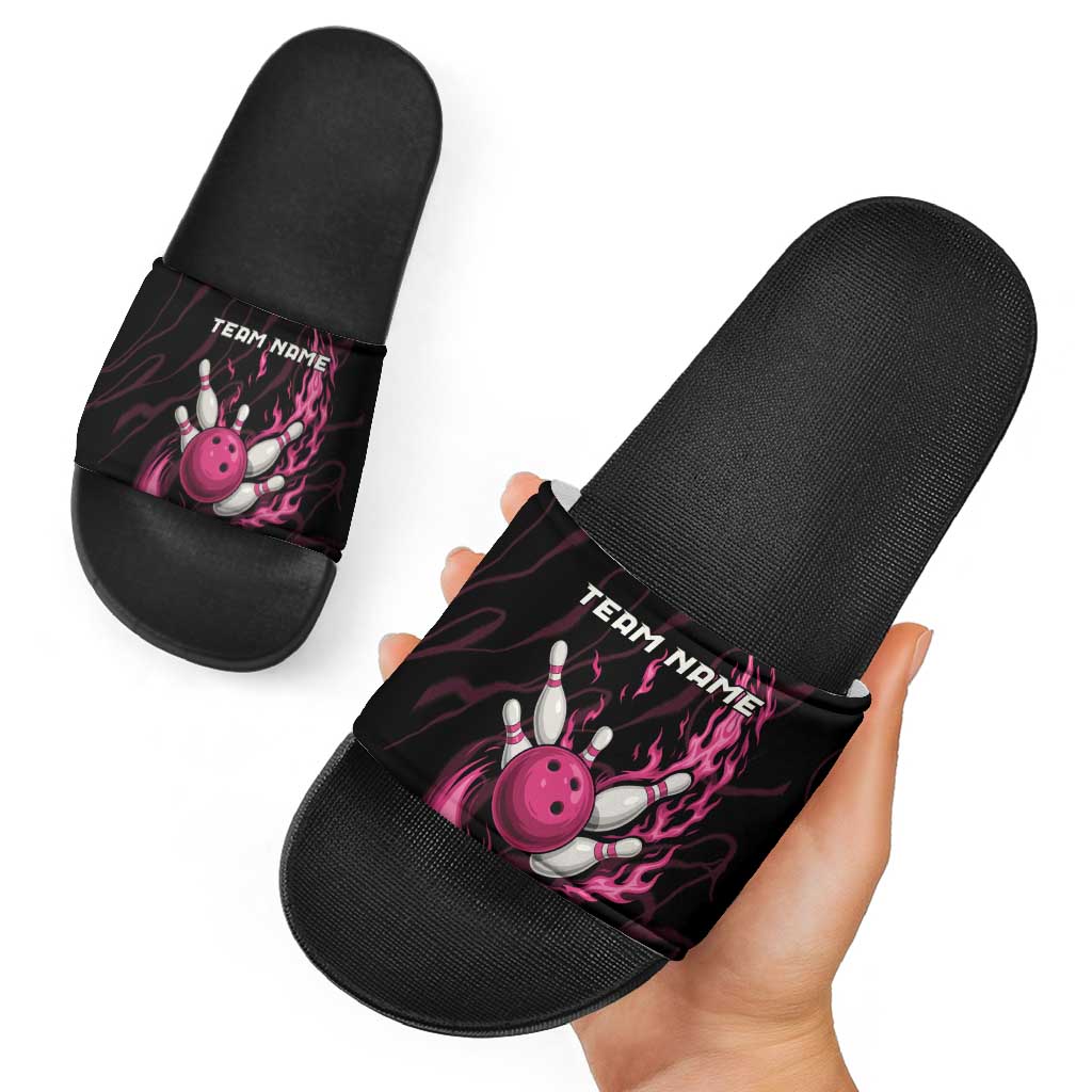 Pink Flaming Bowling Ball and Pins Slide Sandals with Lightning Effect Graphic Design TS04