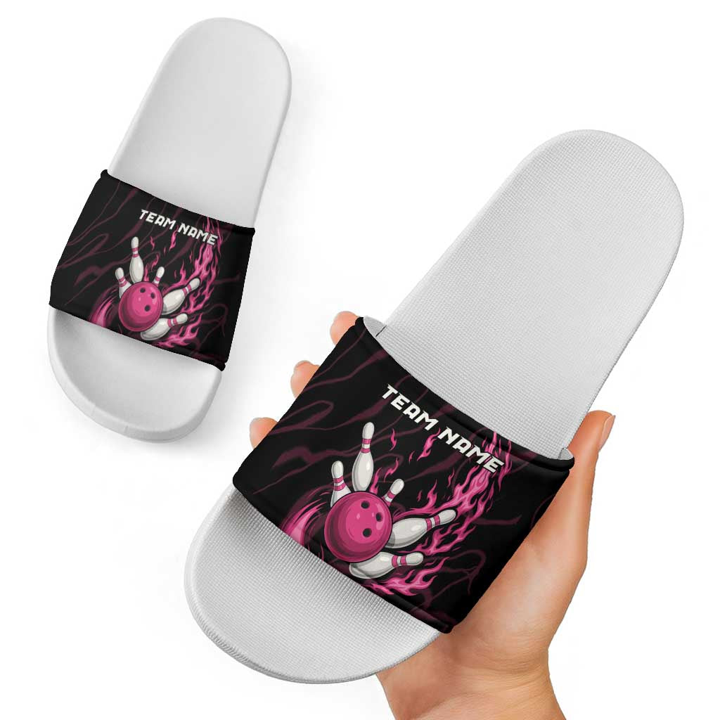 Pink Flaming Bowling Ball and Pins Slide Sandals with Lightning Effect Graphic Design TS04