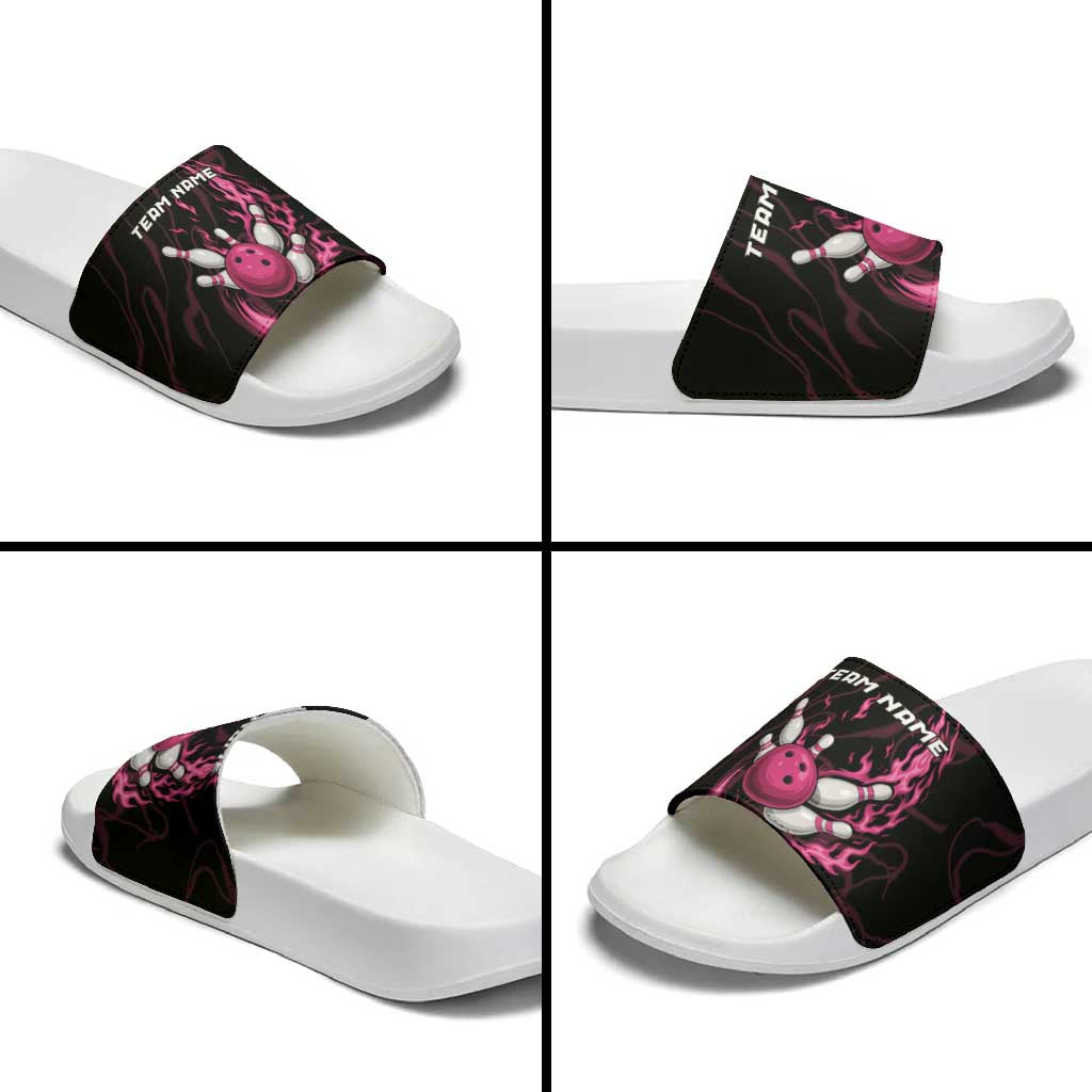 Pink Flaming Bowling Ball and Pins Slide Sandals with Lightning Effect Graphic Design TS04