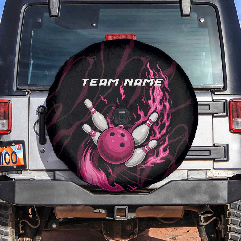 Pink Flaming Bowling Ball and Pins Spare Tire Cover with Lightning Effect Graphic Design TS04
