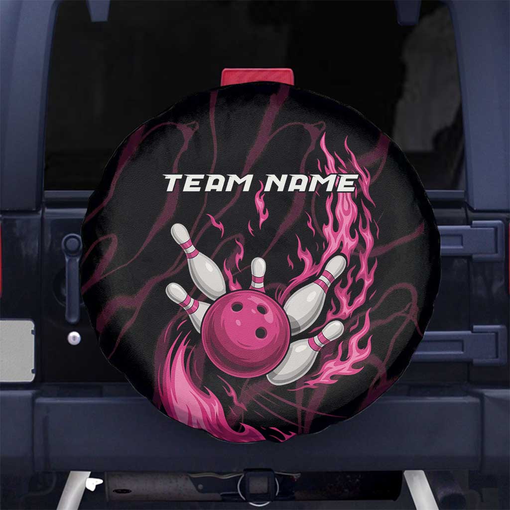Pink Flaming Bowling Ball and Pins Spare Tire Cover with Lightning Effect Graphic Design TS04