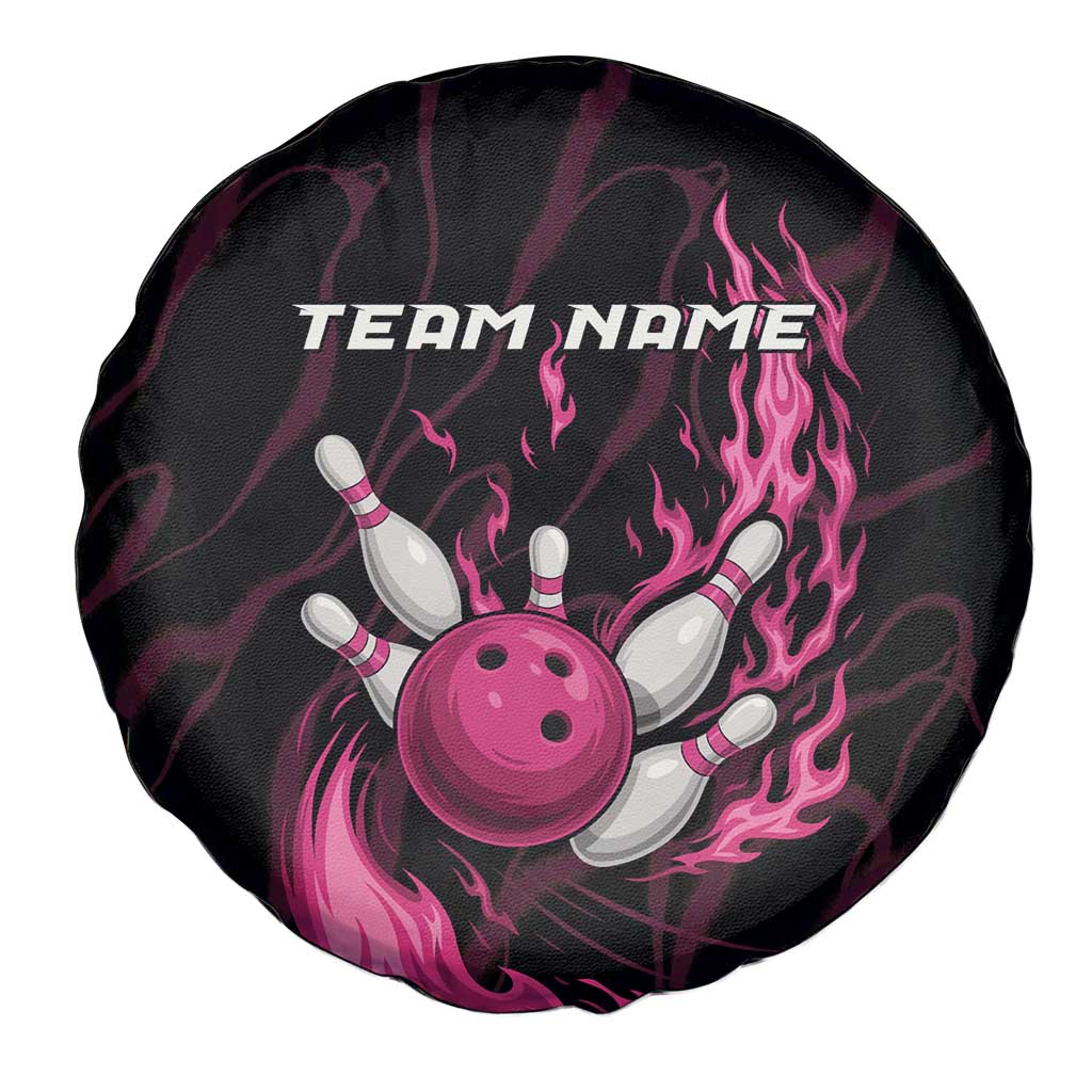 Pink Flaming Bowling Ball and Pins Spare Tire Cover with Lightning Effect Graphic Design TS04