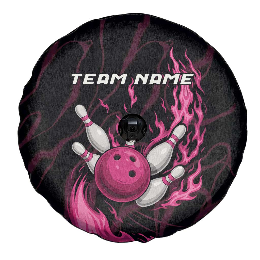 Pink Flaming Bowling Ball and Pins Spare Tire Cover with Lightning Effect Graphic Design TS04