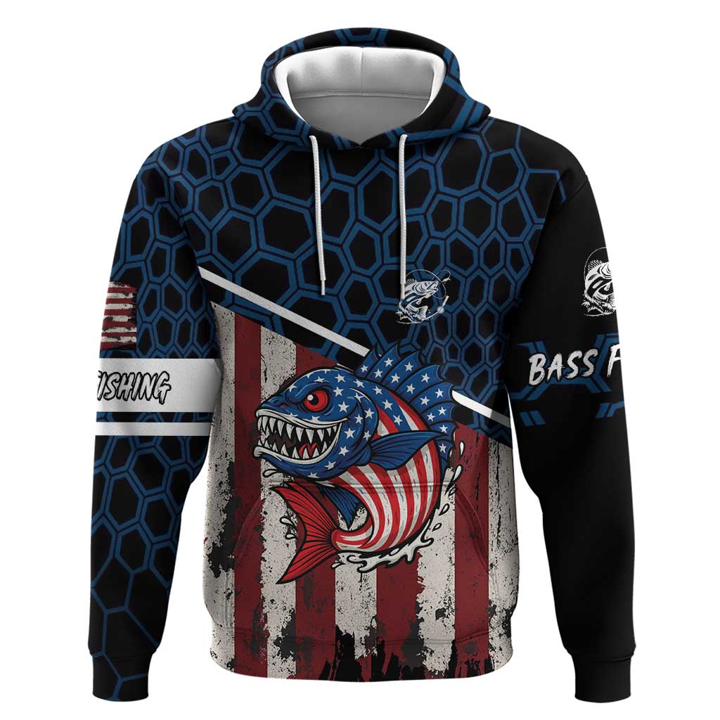 Aggressive Bass Fishing Hoodie with American Flag Pattern on Grunge Hex Background TS04