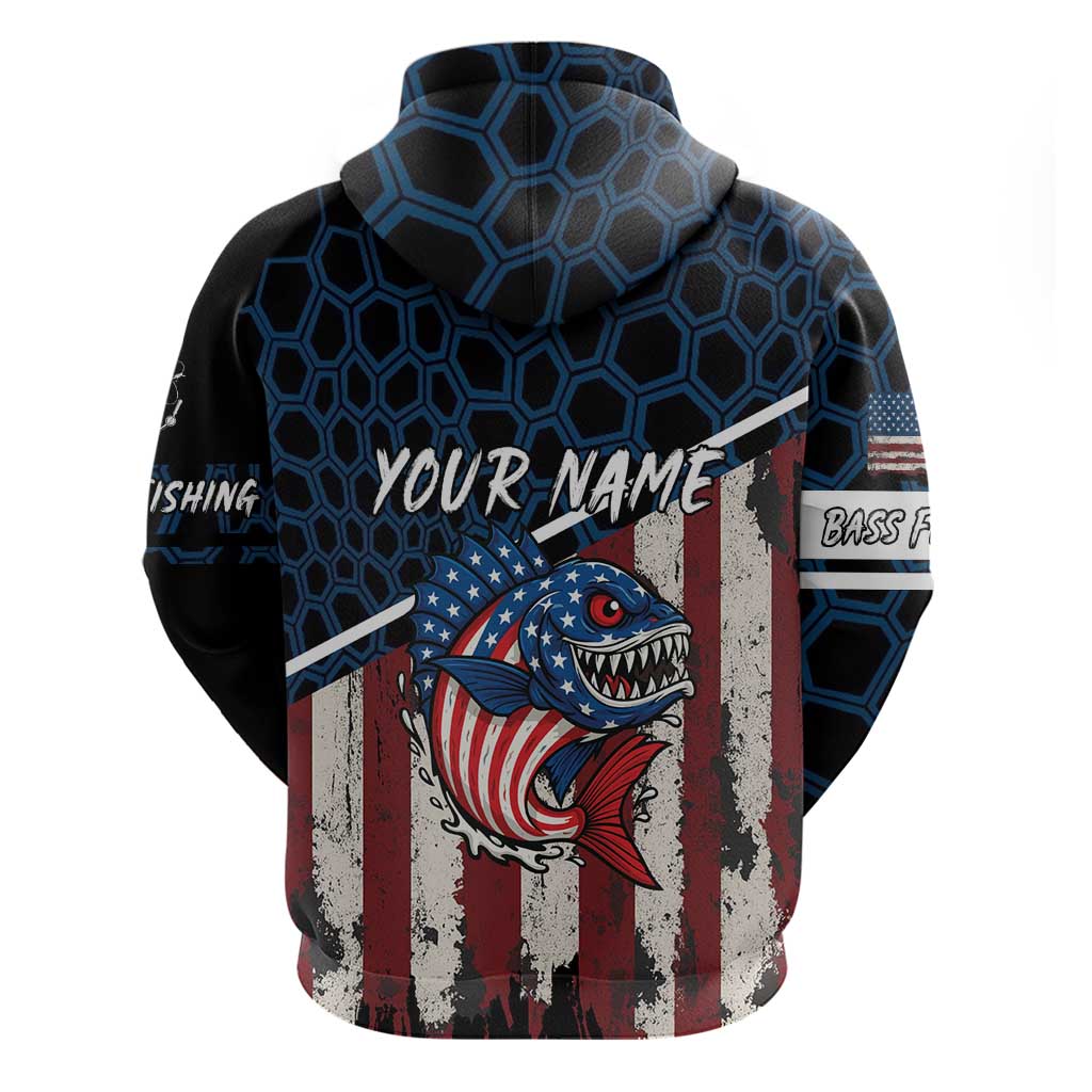 Aggressive Bass Fishing Hoodie with American Flag Pattern on Grunge Hex Background TS04
