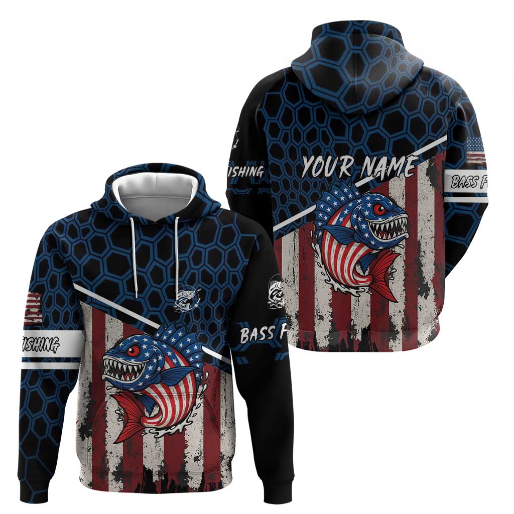 Aggressive Bass Fishing Hoodie with American Flag Pattern on Grunge Hex Background TS04