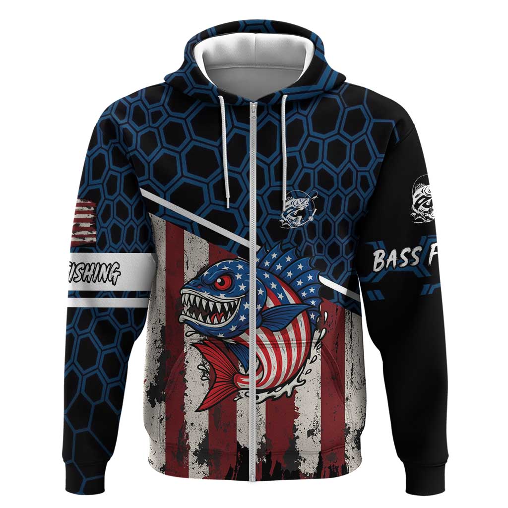 Aggressive Bass Fishing Hoodie with American Flag Pattern on Grunge Hex Background TS04