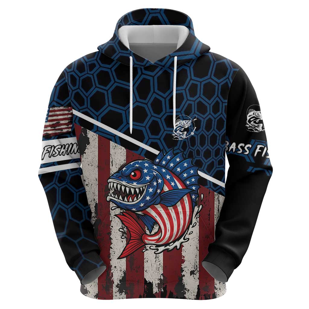 Aggressive Bass Fishing Hoodie with American Flag Pattern on Grunge Hex Background TS04