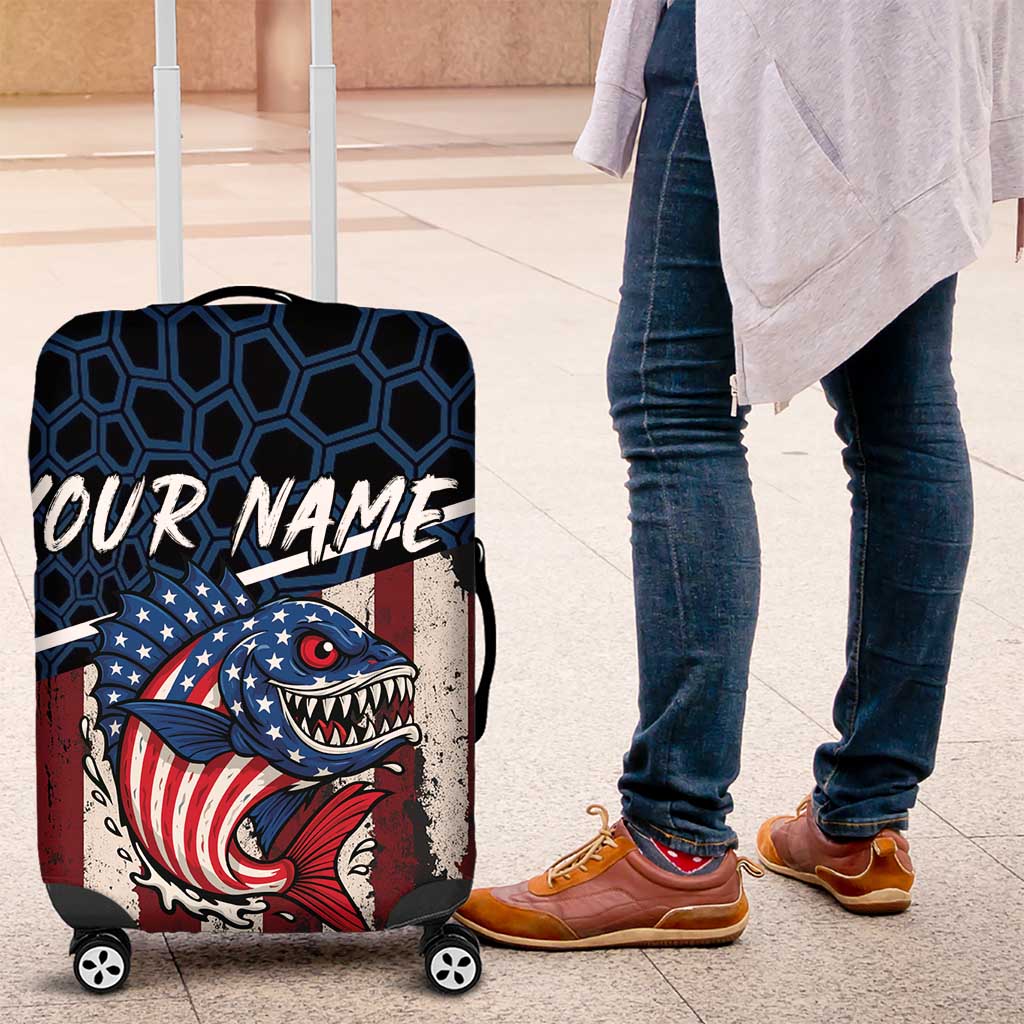 Aggressive Bass Fishing Luggage Cover with American Flag Pattern on Grunge Hex Background TS04