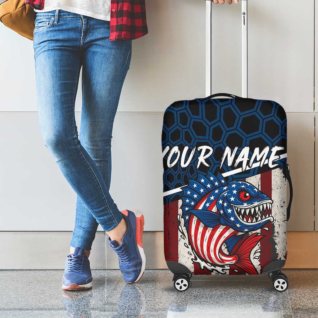 Aggressive Bass Fishing Luggage Cover with American Flag Pattern on Grunge Hex Background TS04