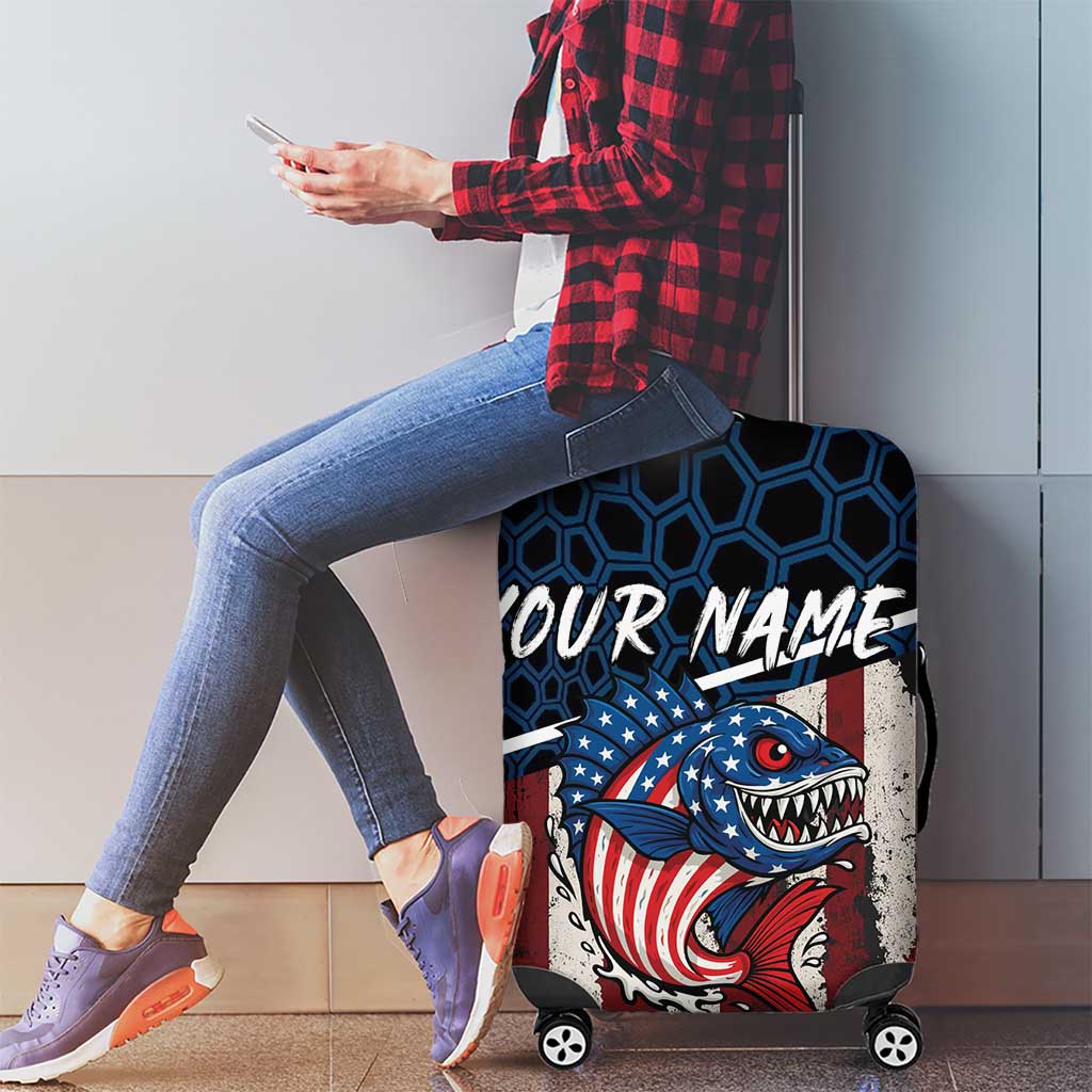 Aggressive Bass Fishing Luggage Cover with American Flag Pattern on Grunge Hex Background TS04