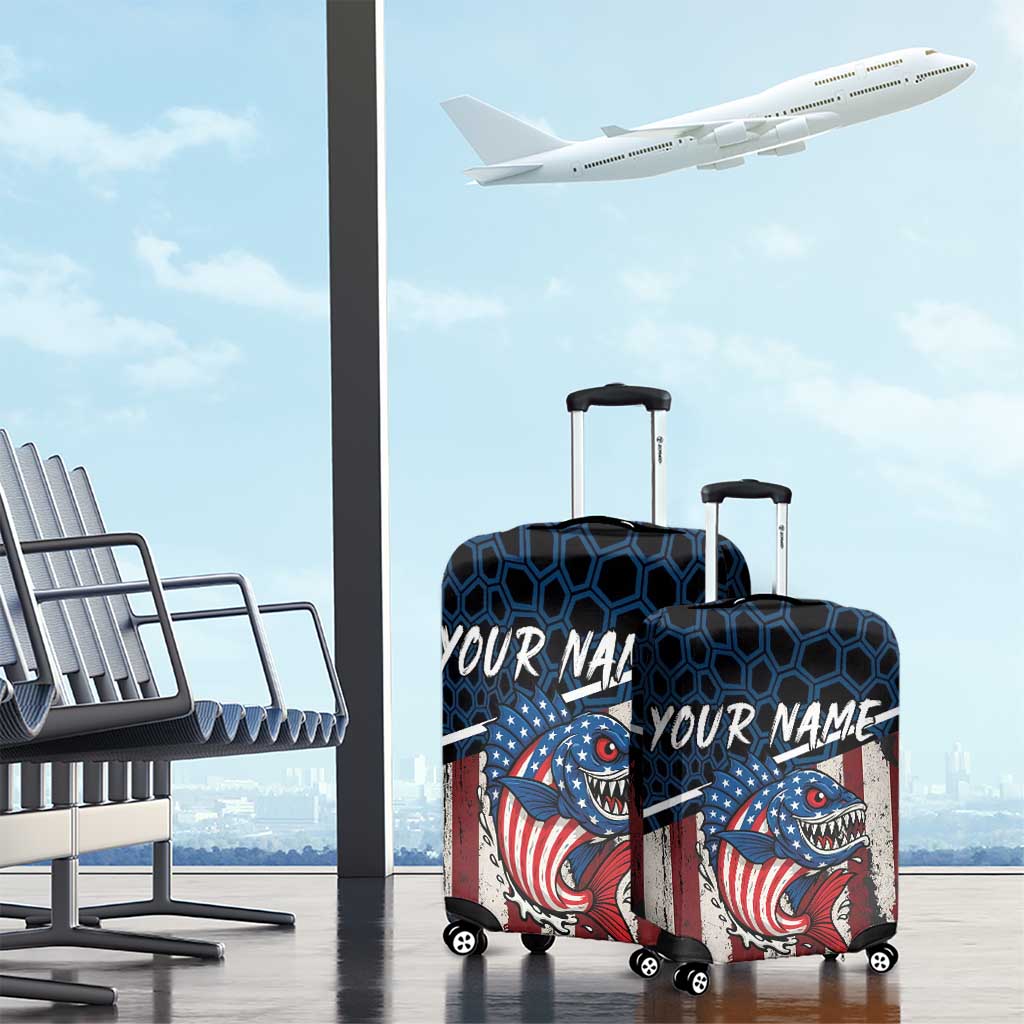 Aggressive Bass Fishing Luggage Cover with American Flag Pattern on Grunge Hex Background TS04