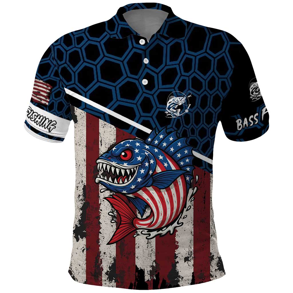 Aggressive Bass Fishing Polo Shirt with American Flag Pattern on Grunge Hex Background TS04