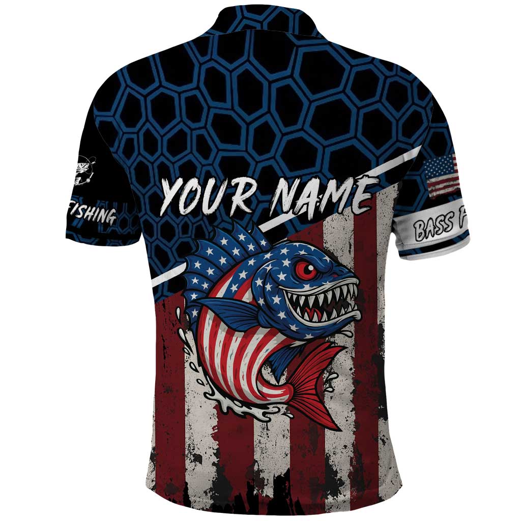 Aggressive Bass Fishing Polo Shirt with American Flag Pattern on Grunge Hex Background TS04