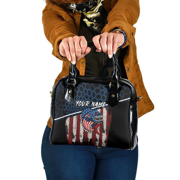 Aggressive Bass Fishing Shoulder Handbag with American Flag Pattern on Grunge Hex Background TS04