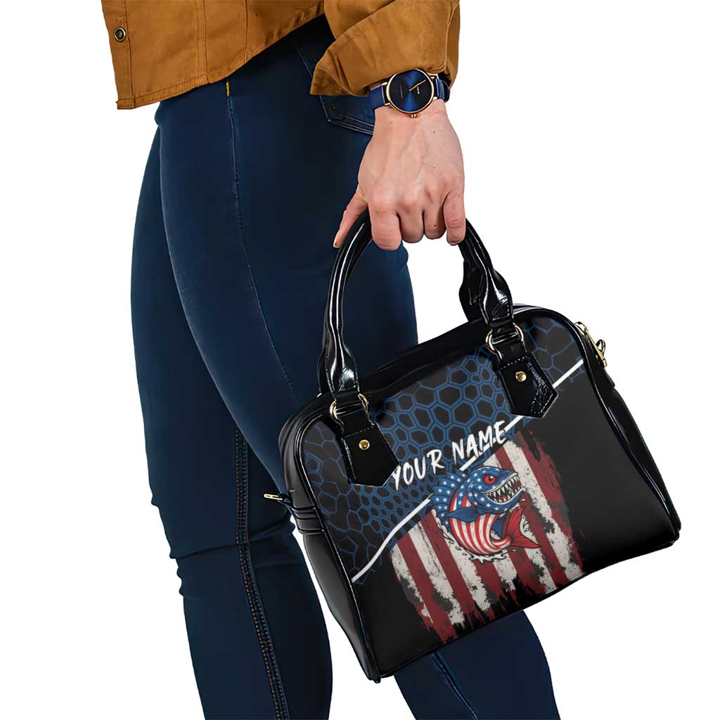 Aggressive Bass Fishing Shoulder Handbag with American Flag Pattern on Grunge Hex Background TS04