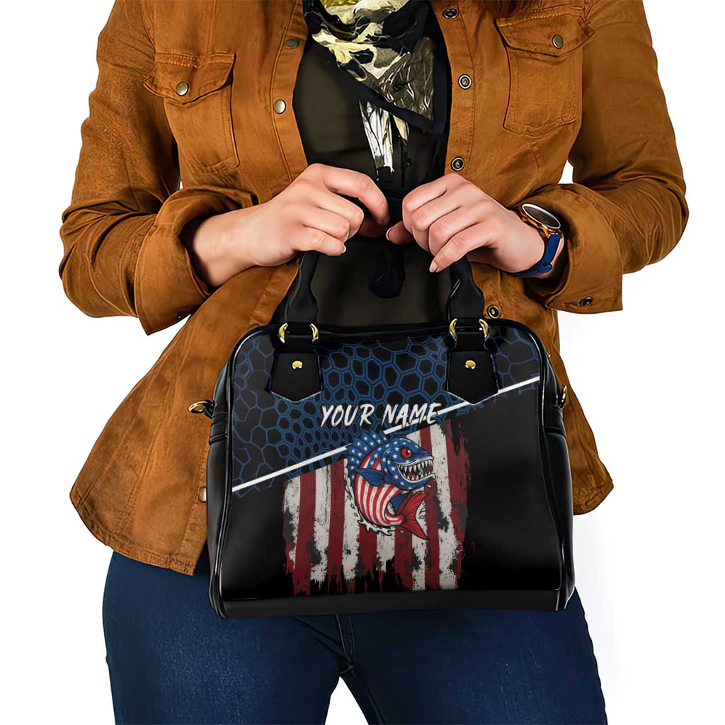 Aggressive Bass Fishing Shoulder Handbag with American Flag Pattern on Grunge Hex Background TS04