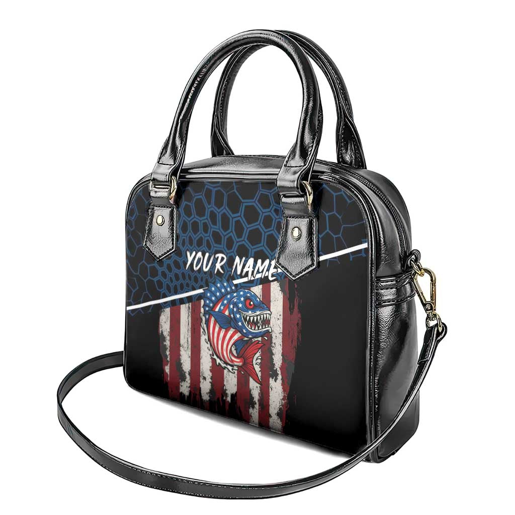 Aggressive Bass Fishing Shoulder Handbag with American Flag Pattern on Grunge Hex Background TS04
