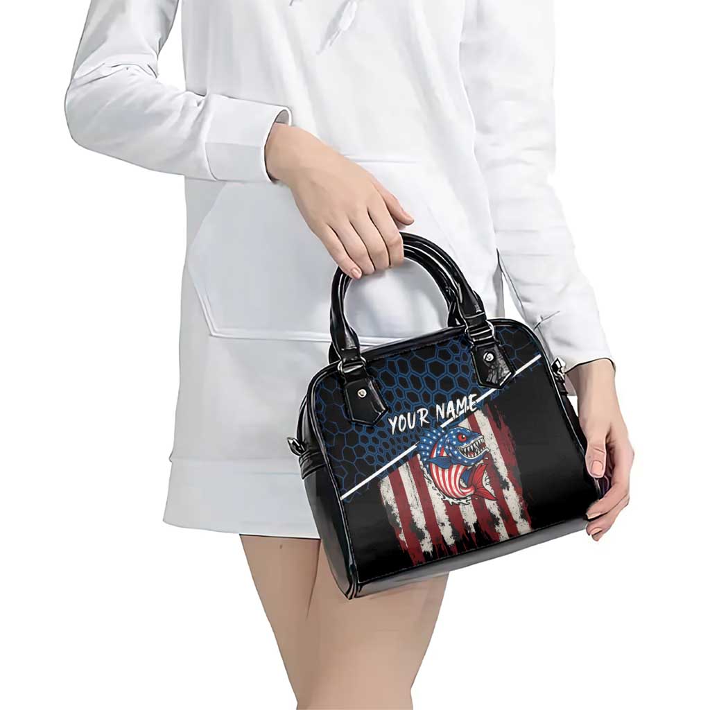 Aggressive Bass Fishing Shoulder Handbag with American Flag Pattern on Grunge Hex Background TS04