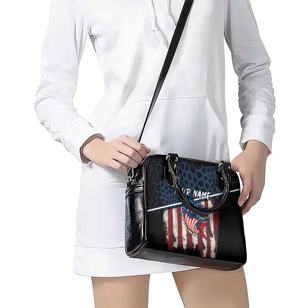 Aggressive Bass Fishing Shoulder Handbag with American Flag Pattern on Grunge Hex Background TS04