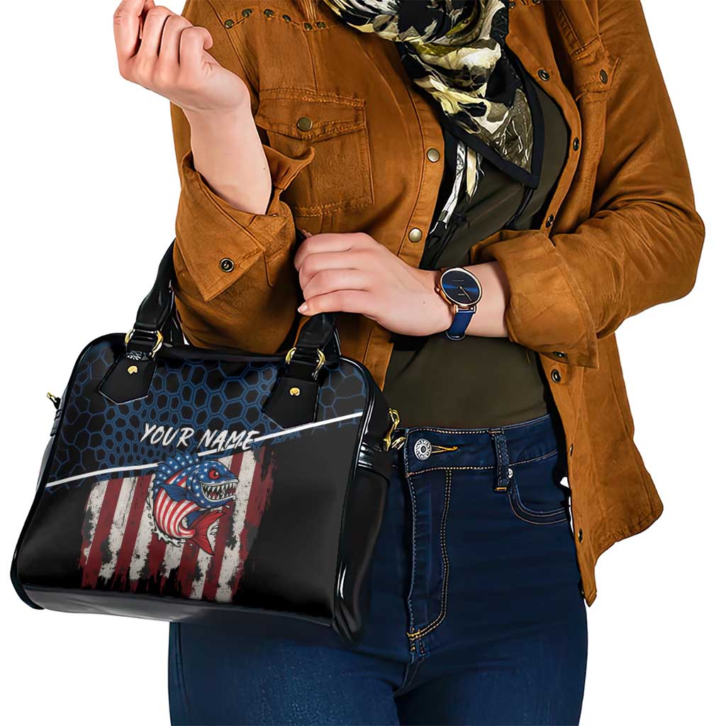 Aggressive Bass Fishing Shoulder Handbag with American Flag Pattern on Grunge Hex Background TS04