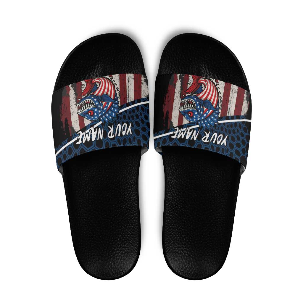Aggressive Bass Fishing Slide Sandals with American Flag Pattern on Grunge Hex Background TS04